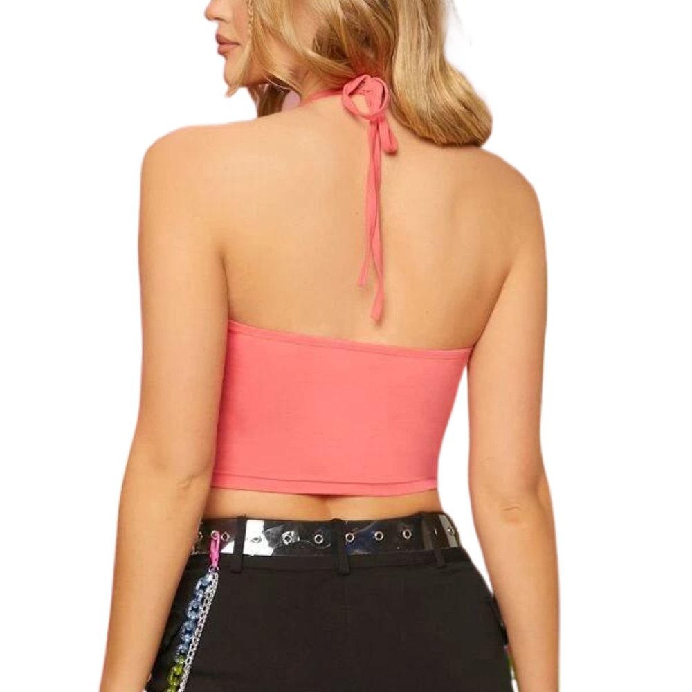 *SOLD* HELLO KITTY Coral Pink Graphic Tie Halter Top, size M - Picture 2 of 3